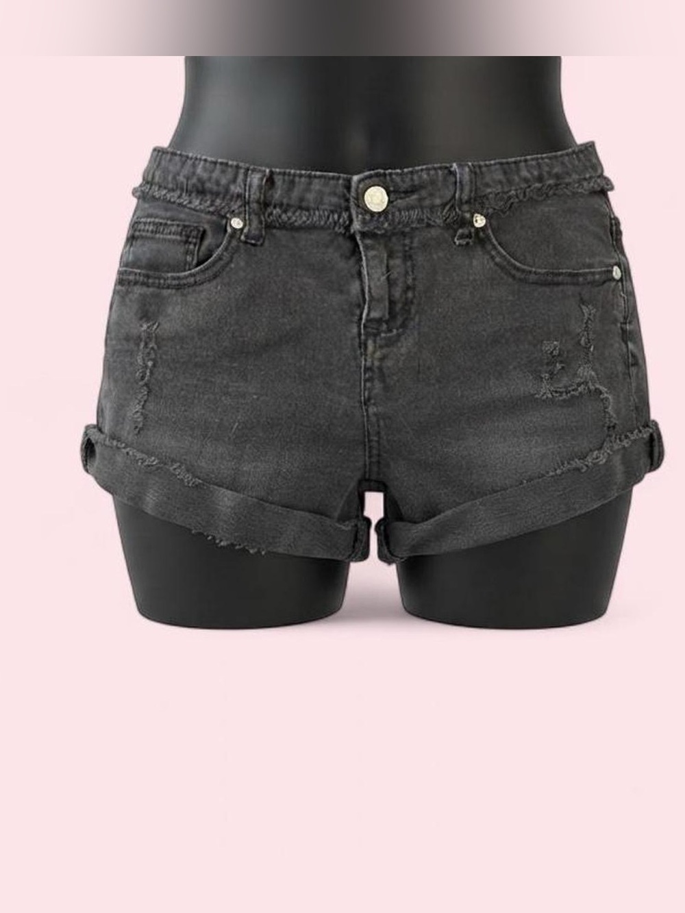 Vintage Y2K Wet Seal Black Distressed Raw Hem Denim Cutoff Shorts McBling 9 BLAC
